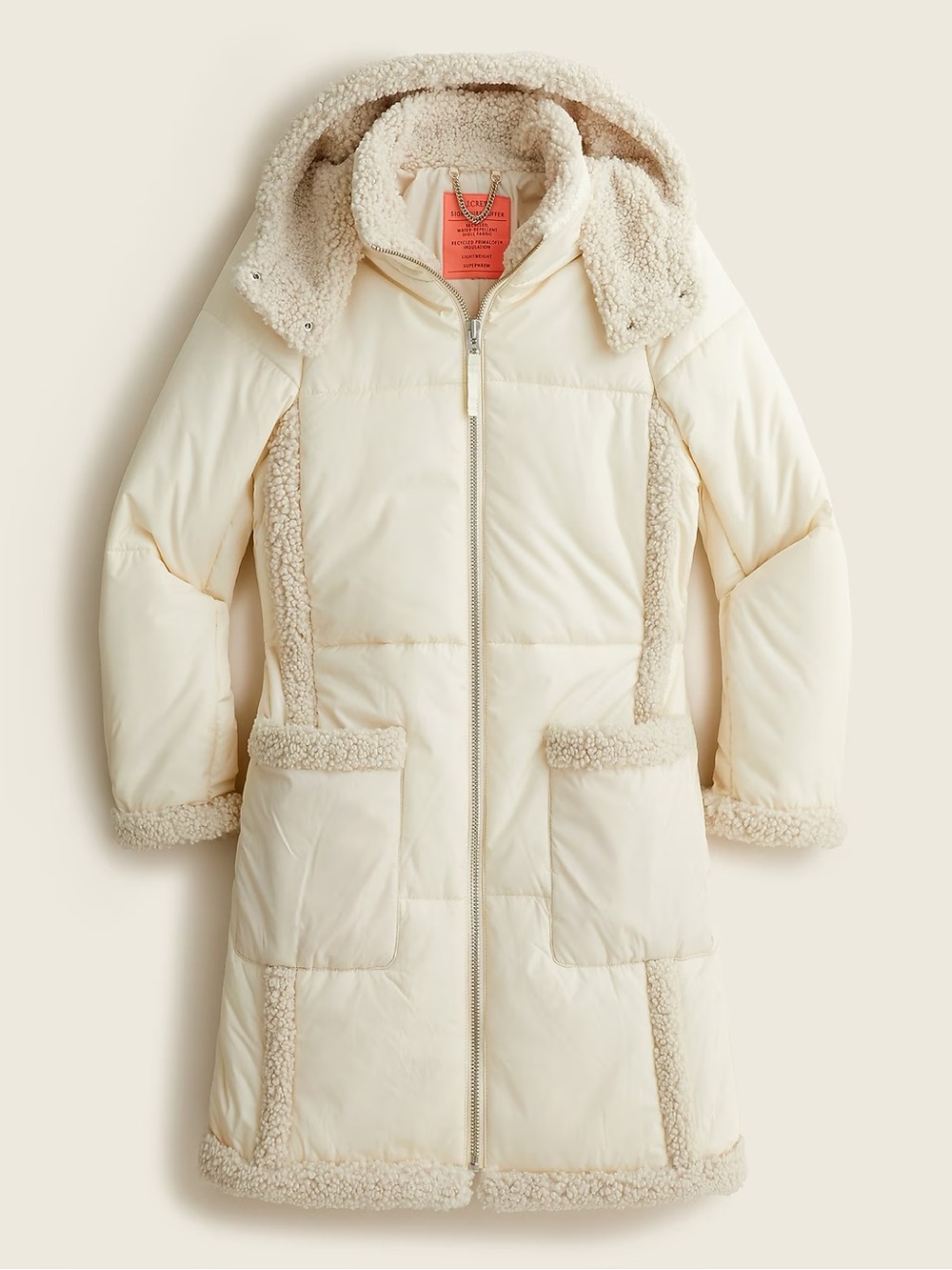 J Crew Snowday Puffer Jacket Womens Size Small Ivory Sherpa Trim Hooded Parka